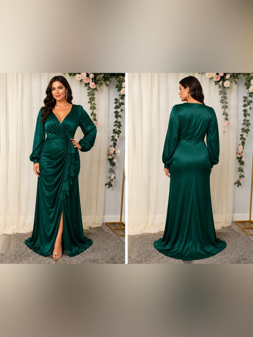 Emerald Green Deep V Ruched Long Sleeve Formal Maxi Dress 1X
